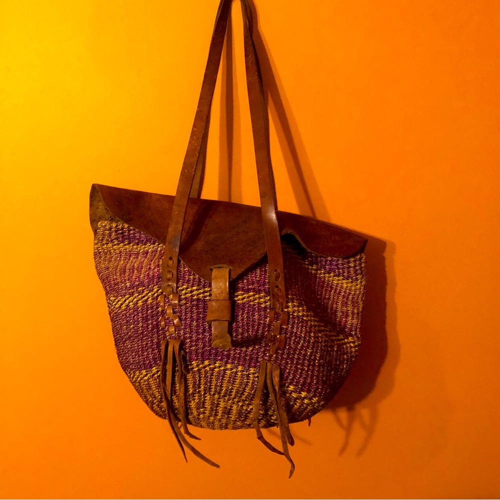 Leather and braided handbag. Made in Kenya